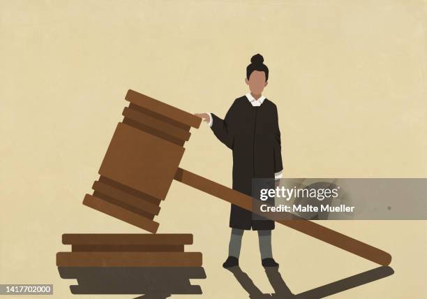 female judge standing at large gavel - court decides on objections stock illustrations