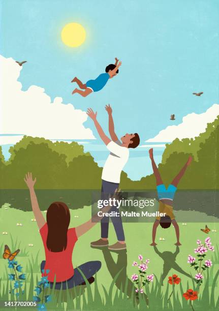 illustrations, cliparts, dessins animés et icônes de happy family playing in sunny, idyllic summer meadow - été famille heureuse