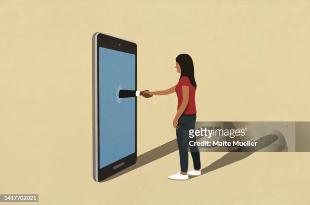 woman shaking hands with businessman in smart phone - business stock illustrations
