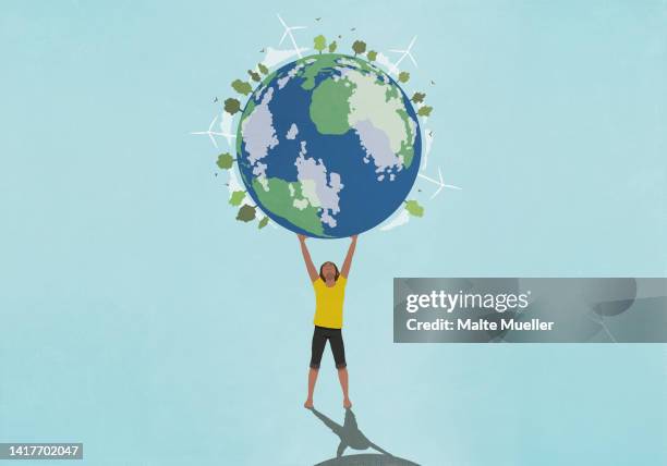 bildbanksillustrationer, clip art samt tecknat material och ikoner med determined, ambitious woman holding globe with wind turbines and green trees overhead - hållbar livsstil