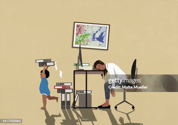 exhausted businesswoman sleeping at desk in home office with playing son - working mom exhausted stock illustrations