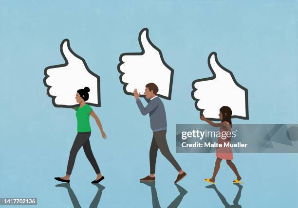 people carrying social media like buttons on blue background - digital touch stock illustrations