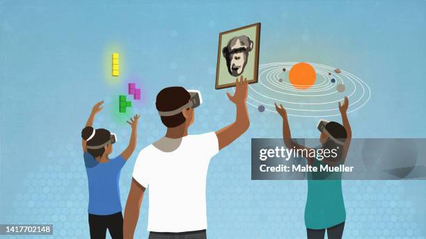 people in vr headsets playing video games - man vr headset stock illustrations