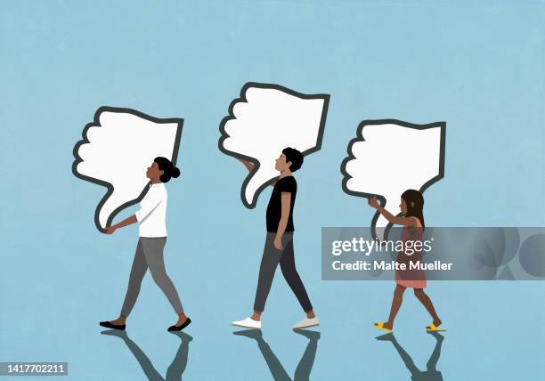 people carrying social media dislike buttons on blue background - dislike button stock illustrations