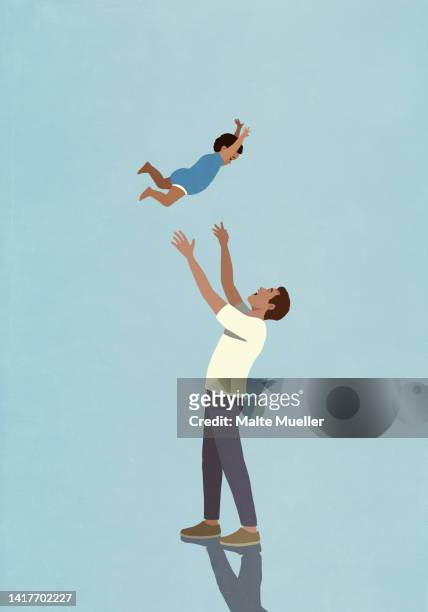 playful father throwing toddler son overhead on blue background - family stock illustrations