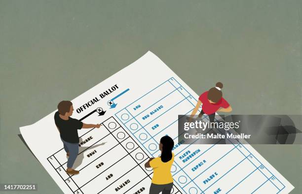 illustrazioni stock, clip art, cartoni animati e icone di tendenza di people talking and pointing on voting ballot - democracy