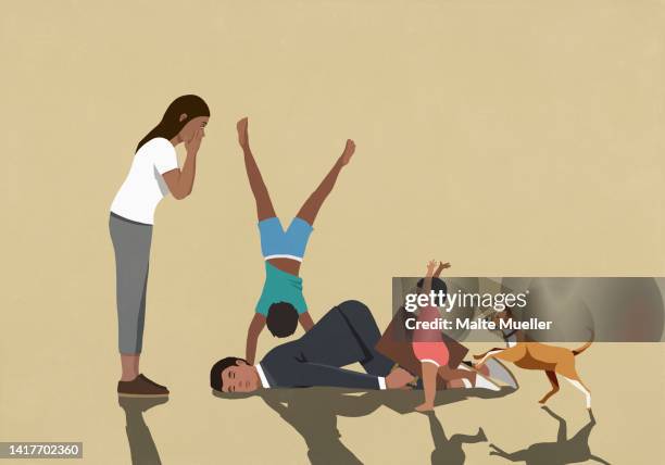 happy family with dog playing around exhausted businessman father - emotional stress family stock illustrations