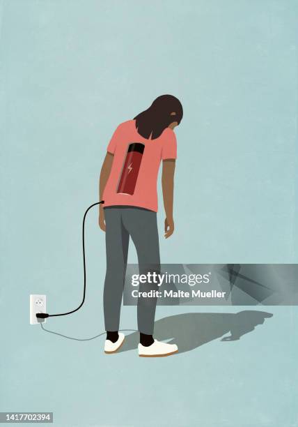 ilustrações, clipart, desenhos animados e ícones de woman charging battery in back at wall outlet - tired