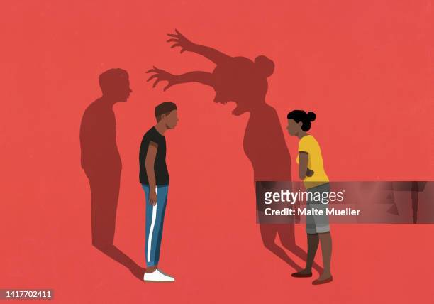 stockillustraties, clipart, cartoons en iconen met angry shadow looming over couple arguing on red background - frustration