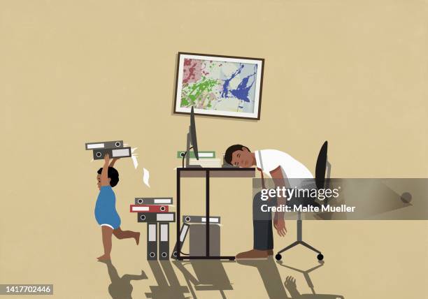 exhausted businessman father sleeping at desk in home office with playing son - resting stock illustrations