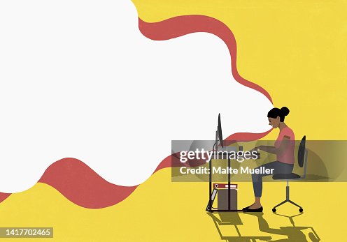 Cloud emitting from woman using computer at desk Cloud emitting from woman using computer at desk