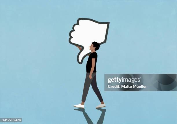 dislike button over man walking on blue background - pessimism stock illustrations