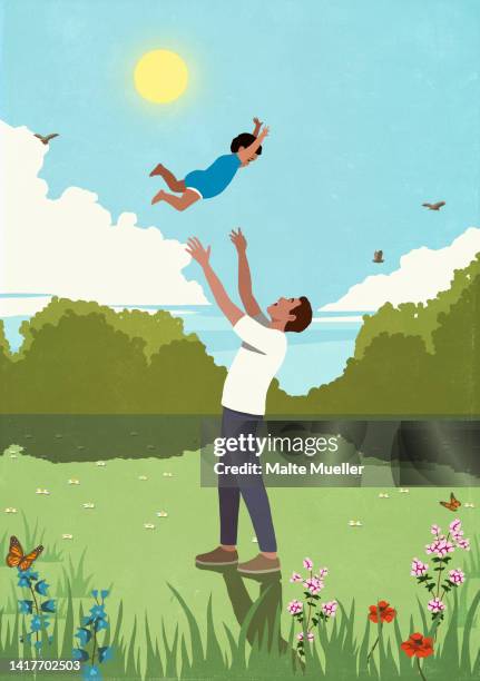 illustrazioni stock, clip art, cartoni animati e icone di tendenza di father throwing playful son overhead in sunny, idyllic meadow - famiglia con figlio unico