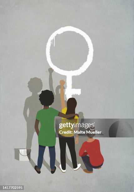 illustrazioni stock, clip art, cartoni animati e icone di tendenza di determined girls painting female symbol on wall - girl power