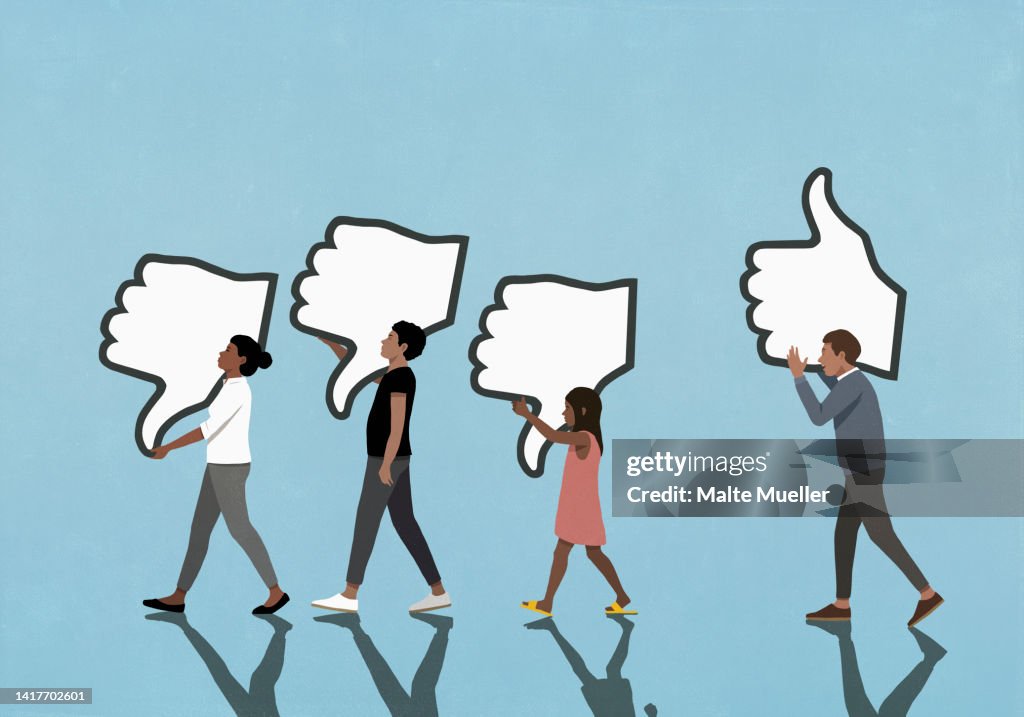 Like and dislike buttons over people walking on blue background