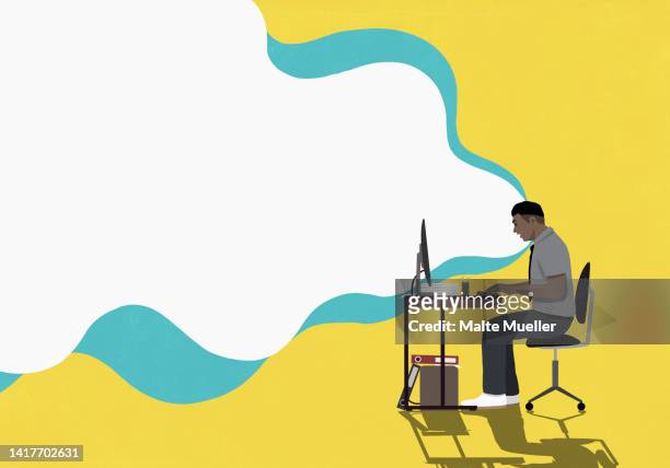 ilustraciones, imágenes clip art, dibujos animados e iconos de stock de cloud emitting from businessman working at computer at desk - dispersa