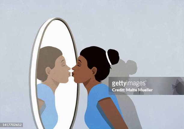 illustrations, cliparts, dessins animés et icônes de woman kissing reflection in mirror - miroir