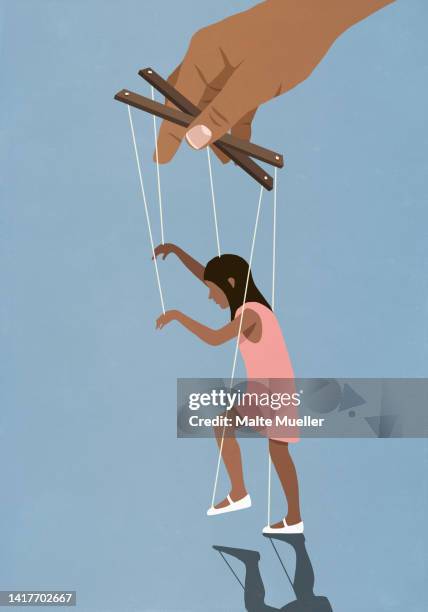 hand controlling girl on puppet strings - familie mit einem kind stock-grafiken, -clipart, -cartoons und -symbole