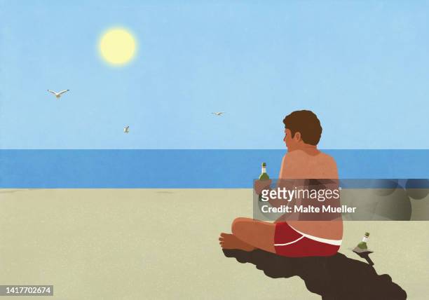 sunburned man drinking beer on sunny summer ocean beach - holiday stock illustrations