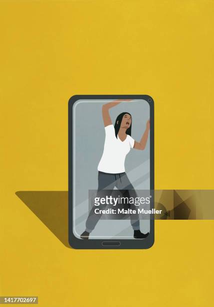 woman trapped in smart phone - dependency stock-grafiken, -clipart, -cartoons und -symbole