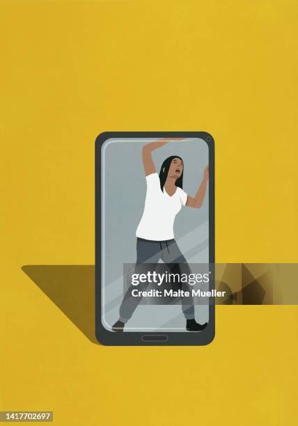 woman trapped in smart phone - addiction stock illustrations