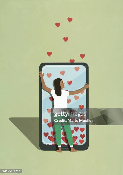 illustrazioni stock, clip art, cartoni animati e icone di tendenza di woman hugging smart phone with hearts - online dating