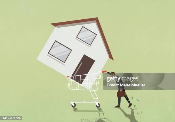 ilustrações de stock, clip art, desenhos animados e ícones de male investor with money briefcase pushing shopping cart with large house - bens imóveis