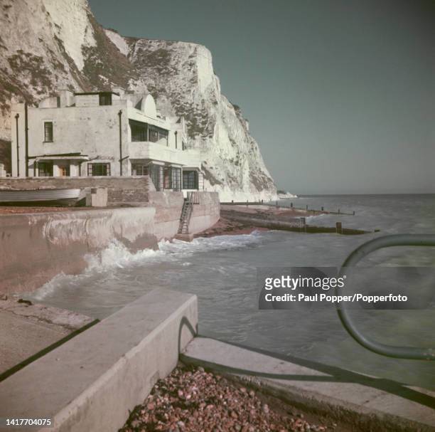 View of the White House Cottages at the East Cliff end of St Margaret's Bay near the village of St Margaret's-at-Cliffe and the town of Dover in...