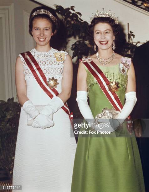 Queen Elizabeth II and Princess Anne attend a function at the Hotel Imperial in Vienna, during a State Visit to Austria, 7th May 1969.