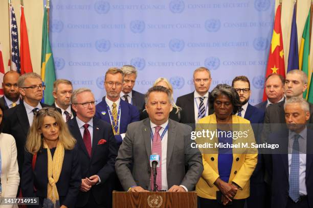 Ambassador Sergiy Kyslytsa, Permanent Representative of Ukraine to the United Nations, reads a joint statement during a press conference after a U.N....