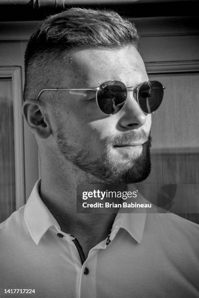 August 24: Karel Vejmelka of the Arizona Coyotes poses for a portrait on the NHL Player Media Tour on August 24, 2022 in Paris, France.