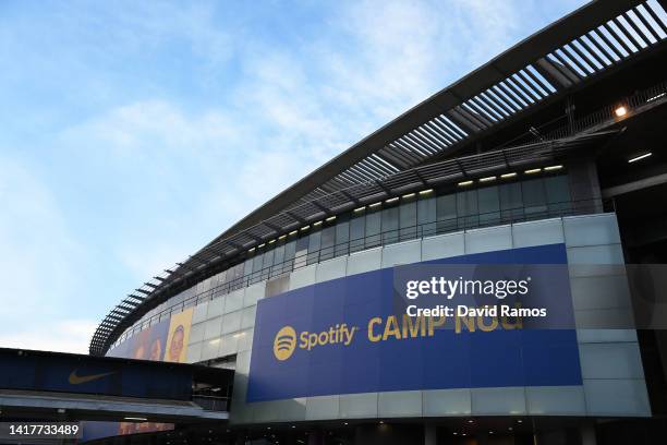 General view outside the stadium prior to the friendly match between FC Barcelona and Manchester City at Camp Nou on August 24, 2022 in Barcelona,...