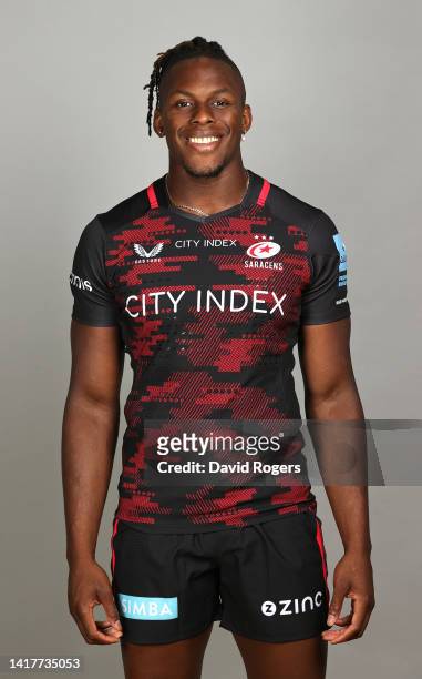 Maro Itoje of Saracens poses for a portrait during the squad photocall for the 2022-2023 Gallagher Premiership Rugby season at the StoneX Stadium on...