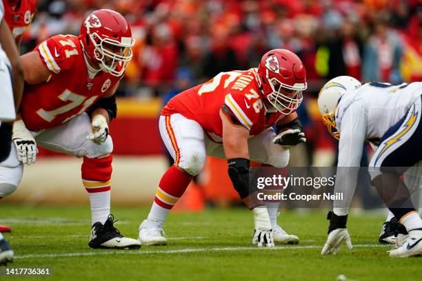 Laurent Duvernay-Tardif of the Kansas City Chiefs at the line of scrimmage during an NFL football game against the Los Angeles Chargers, Sunday, Dec....
