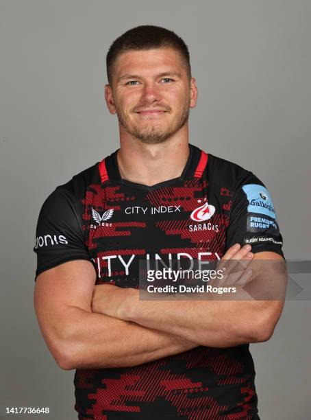 Owen Farrell of Saracens poses for a portrait during the squad photocall for the 2022-2023 Gallagher Premiership Rugby season at the StoneX Stadium...