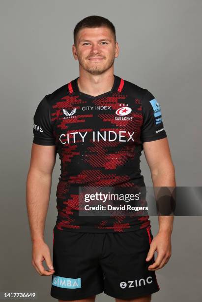 Owen Farrell of Saracens poses for a portrait during the squad photocall for the 2022-2023 Gallagher Premiership Rugby season at the StoneX Stadium...