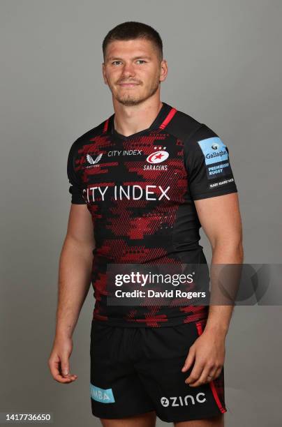 Owen Farrell of Saracens poses for a portrait during the squad photocall for the 2022-2023 Gallagher Premiership Rugby season at the StoneX Stadium...