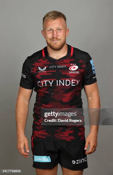 Jackson Wray of Saracens poses for a portrait during the squad photocall for the 2022-2023 Gallagher Premiership Rugby season at the StoneX Stadium...