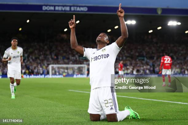 Luis Sinisterra of Leeds United celebrates after scoring their team's first goal during the Carabao Cup Second Round match between Leeds United and...