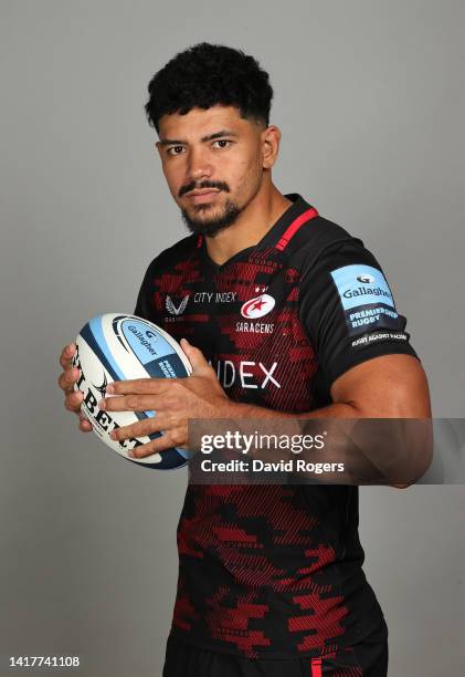 Theo McFarland of Saracens poses for a portrait during the squad photocall for the 2022-2023 Gallagher Premiership Rugby season at the StoneX Stadium...