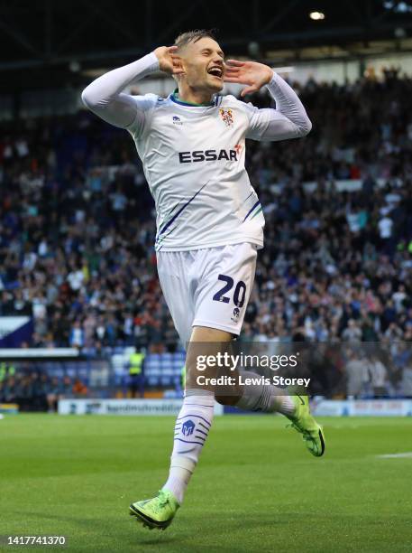 Elliott Nevitt of Tranmere Rovers celebrates their team's first goal during the Carabao Cup Second Round match between Tranmere Rovers and Newcastle...