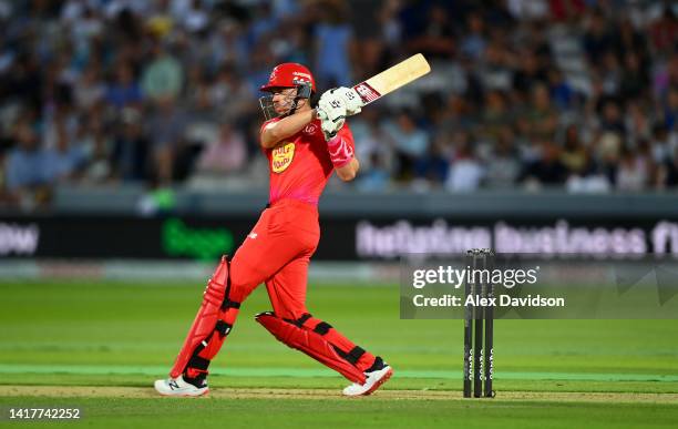 Joe Clarke of Welsh Fire hits runs during the Hundred match between London Spirit and Welsh Fire at Lord's Cricket Ground on August 24, 2022 in...