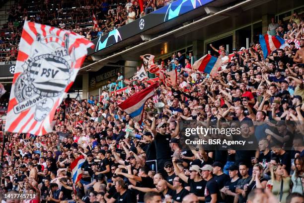 Supporters of PSV prior to the UEFA Champions League Play-Off Second Leg match between PSV and Rangers at the Philips Stadion on August 24, 2022 in...