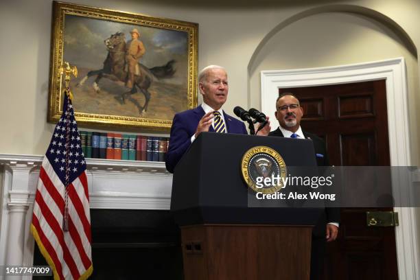 President Joe Biden, joined by Education Secretary Miguel Cardona, speaks on student loan debt in the Roosevelt Room of the White House August 24,...