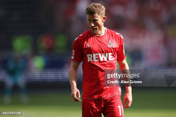 Florian Kainz of 1. FC Köln reacts during the Bundesliga match between Eintracht Frankfurt and 1. FC Köln at Deutsche Bank Park on August 21, 2022 in...