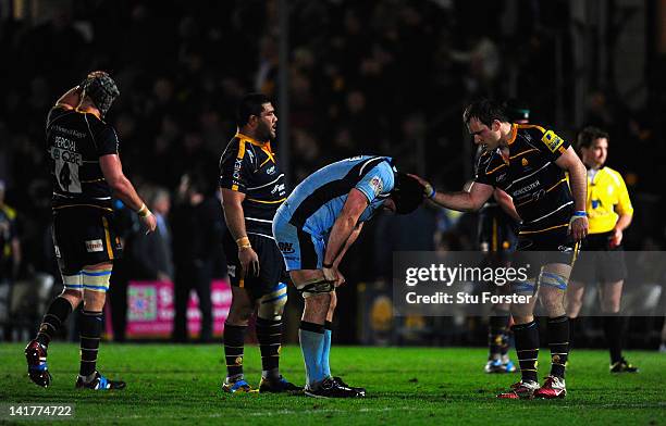 Falcons forward Tim Swinson looks on dejectedly on the final whistle after the Aviva Premiership match between Worcester Warriors and Newcastle...