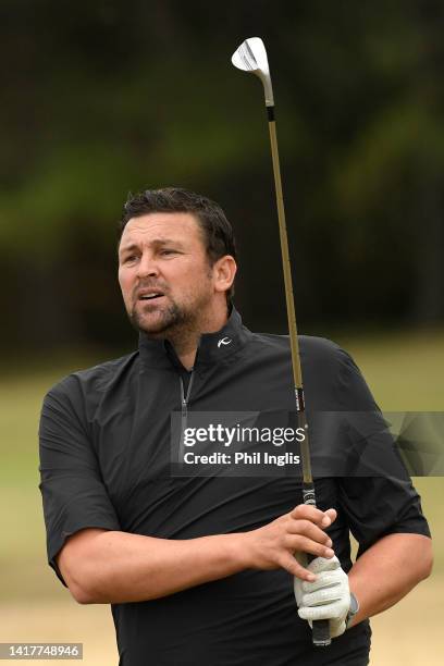 Former Cricketer Steve Harmison in action during the Celebrity Series Pro-Am prior to the Staysure PGA Seniors Championship 2022 at Formby Golf Club...