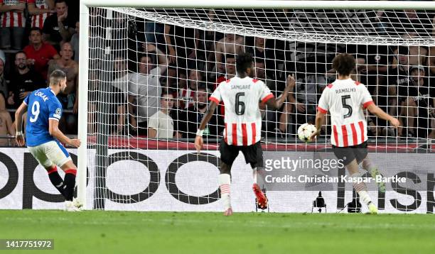 Antonio-Mirko Colak of Glasgow Rangers scores the opening goal during the UEFA Champions League play-Off Secaon Leg match between PSV Eindhoven and...