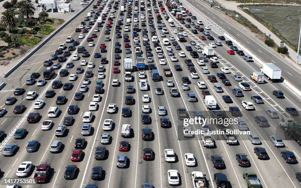 Traffic backs up at the San Francisco-Oakland Bay Bridge toll plaza on August 24, 2022 in Oakland, California. California is set to implement a plan...