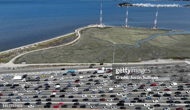 Traffic backs up at the San Francisco-Oakland Bay Bridge toll plaza on August 24, 2022 in Oakland, California. California is set to implement a plan...